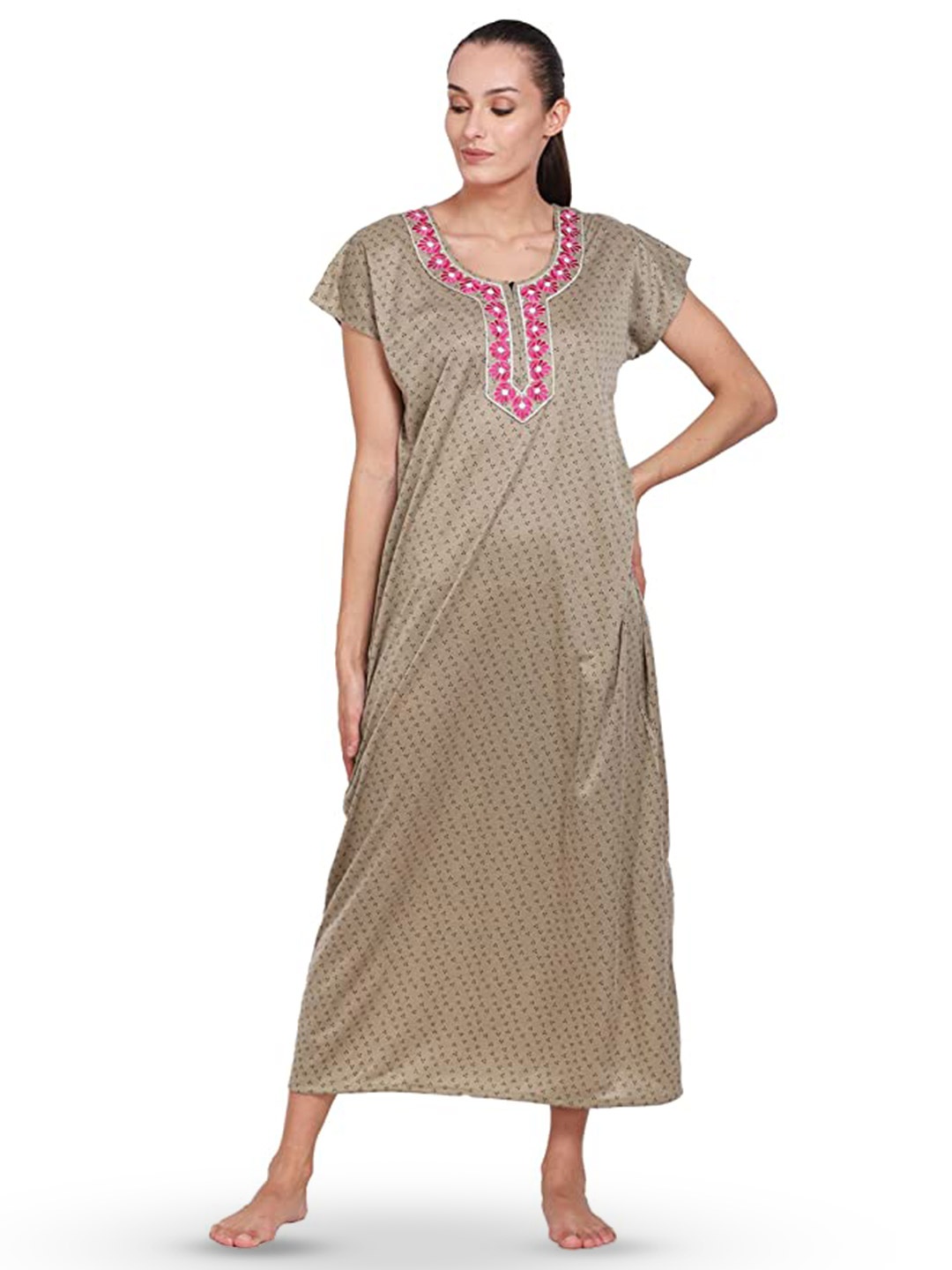 

Noty Floral Embroidered Maxi Nightdress, Brown