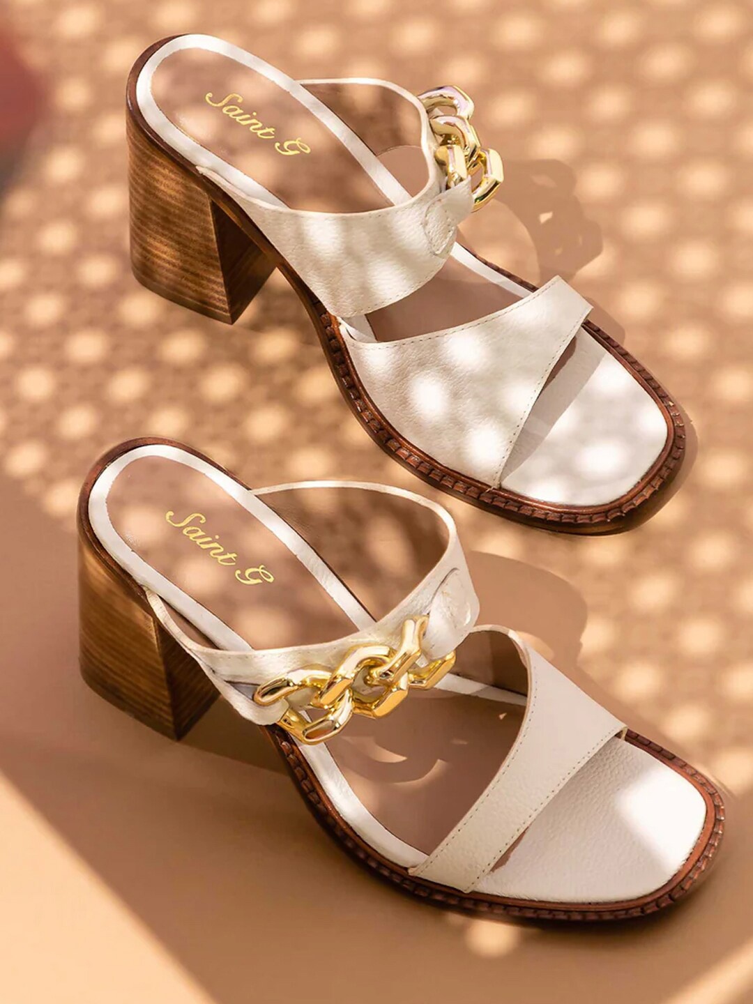 

Saint G Buckle Embellished Leather Block Heels, White