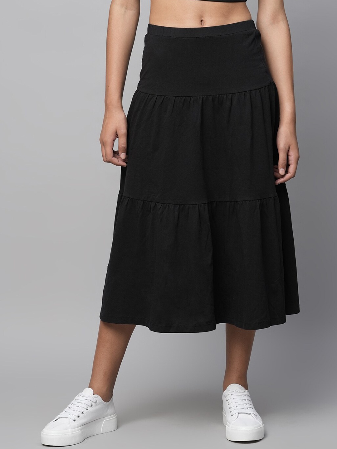 

Chemistry Women A-Line Tiered Pure Cotton Midi Denim Skirt, Black
