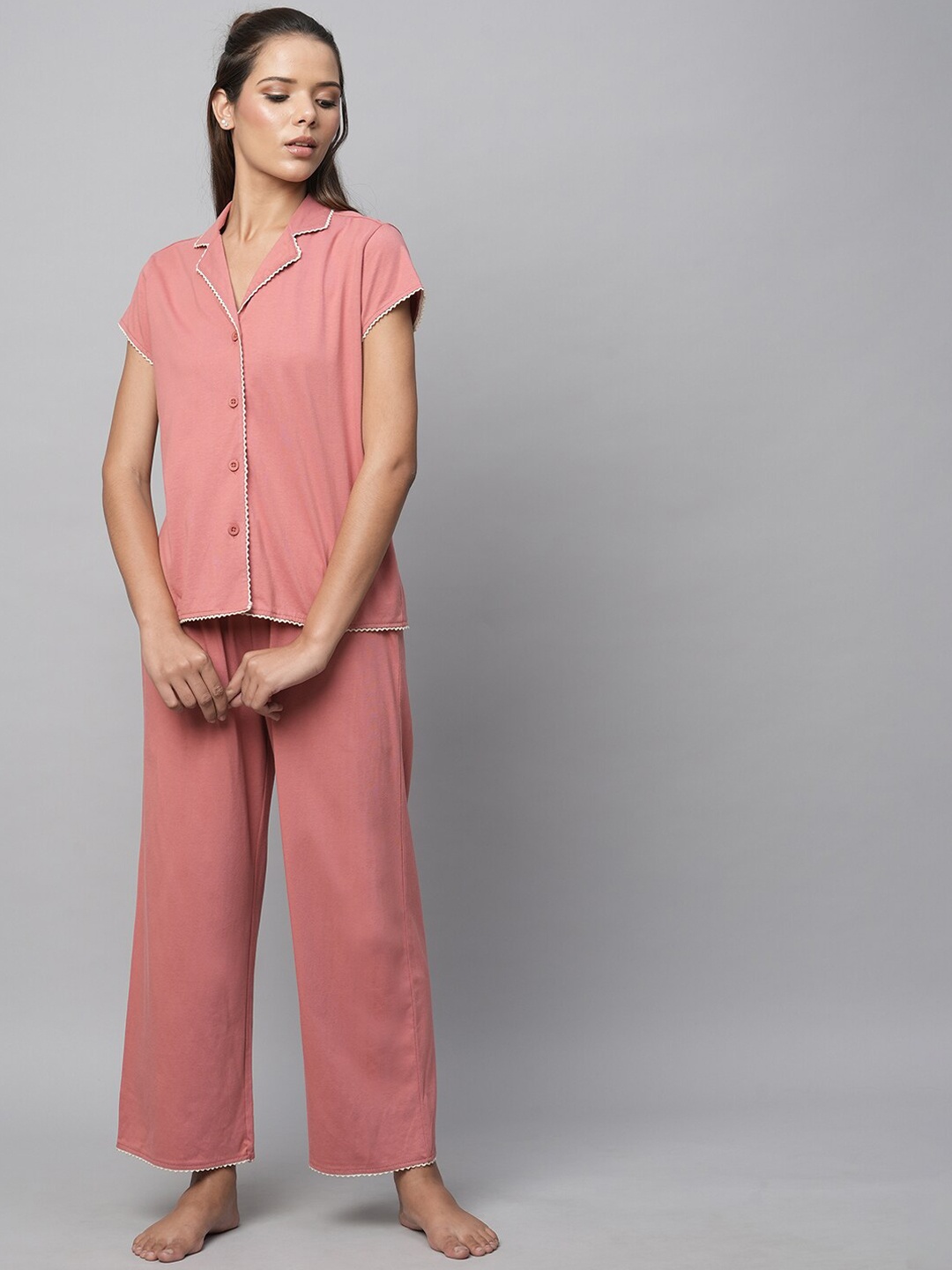 

Chemistry Women Notched Collar Shirt With Trousers, Pink