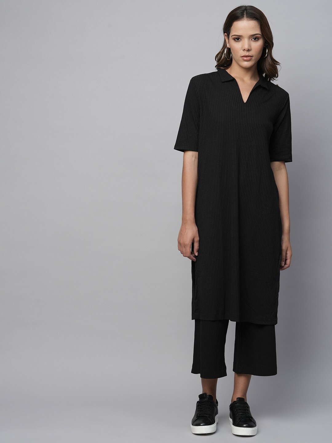 

Chemistry Shirt Collar A-Line Kurta With Palazzo, Black