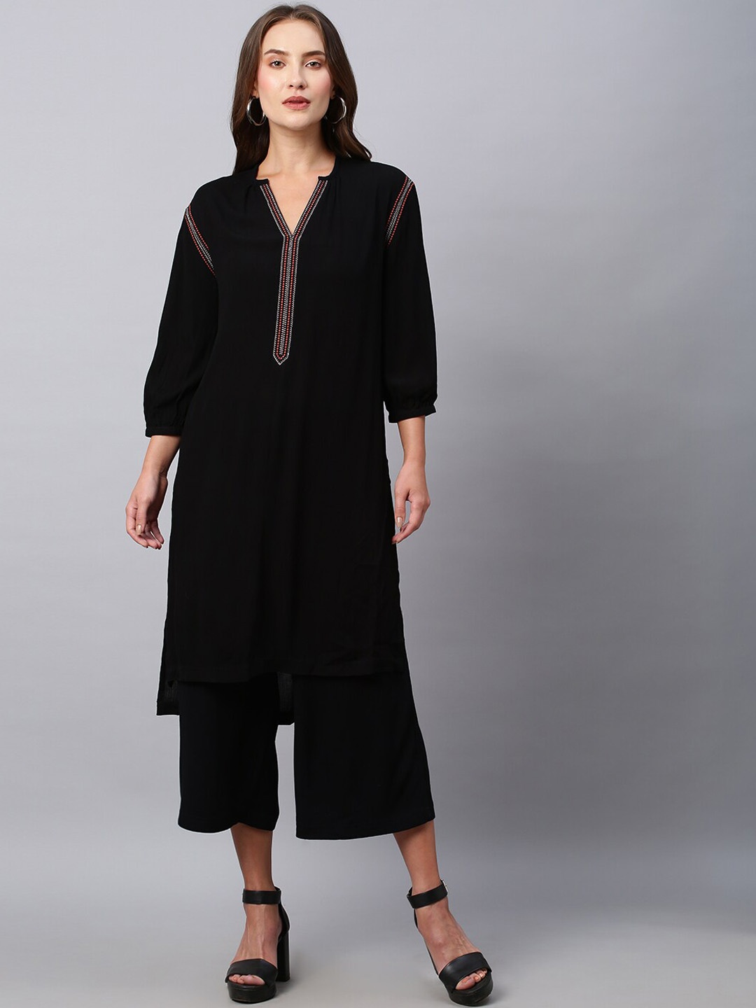 

Modern Indian by CHEMISTRY Regular Kurta With Wide Leg Palazzos, Black