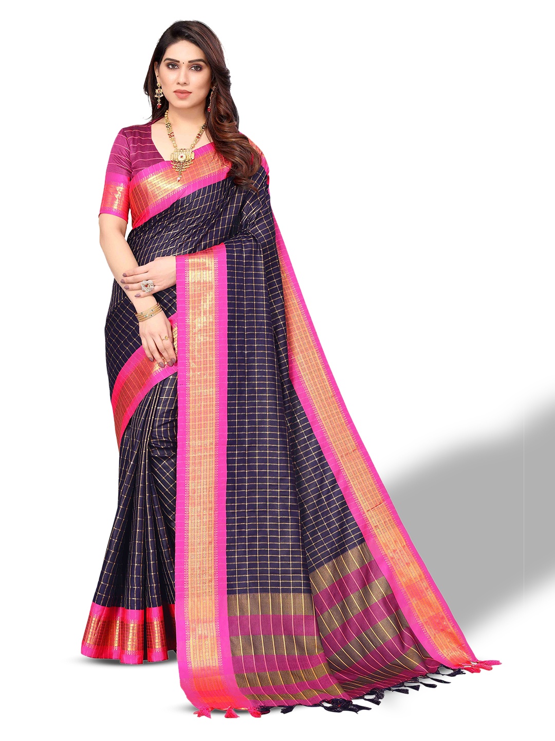 

MAGMINA Checked Zari Silk Cotton Saree, Navy blue