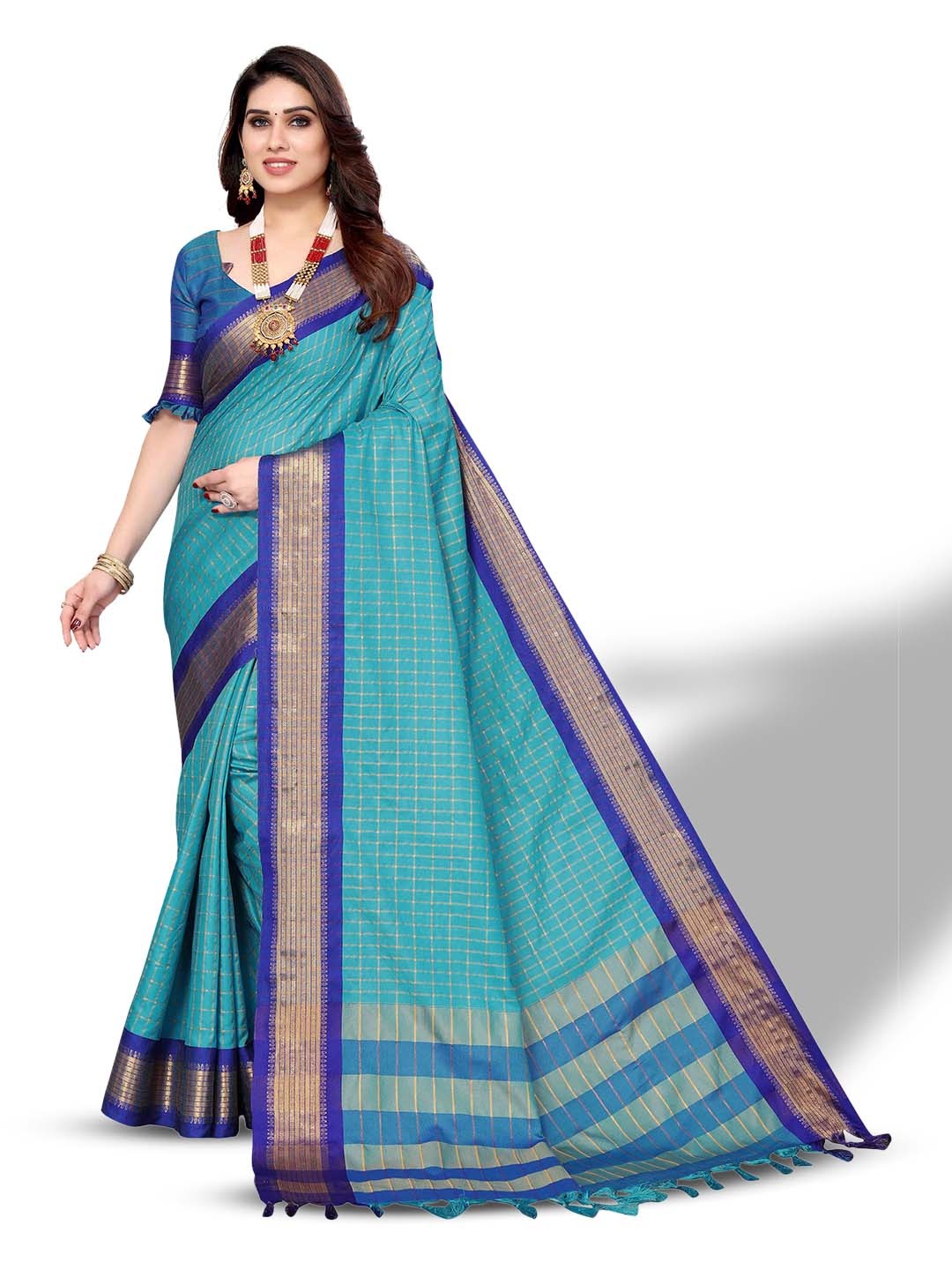 

MAGMINA Checked Zari Silk Cotton Ilkal Saree, Turquoise blue