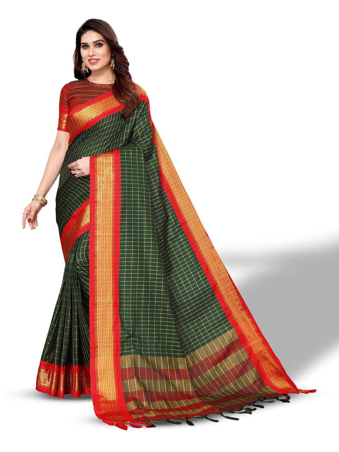 

MAGMINA Checked Zari Silk Cotton Ilkal Saree, Green