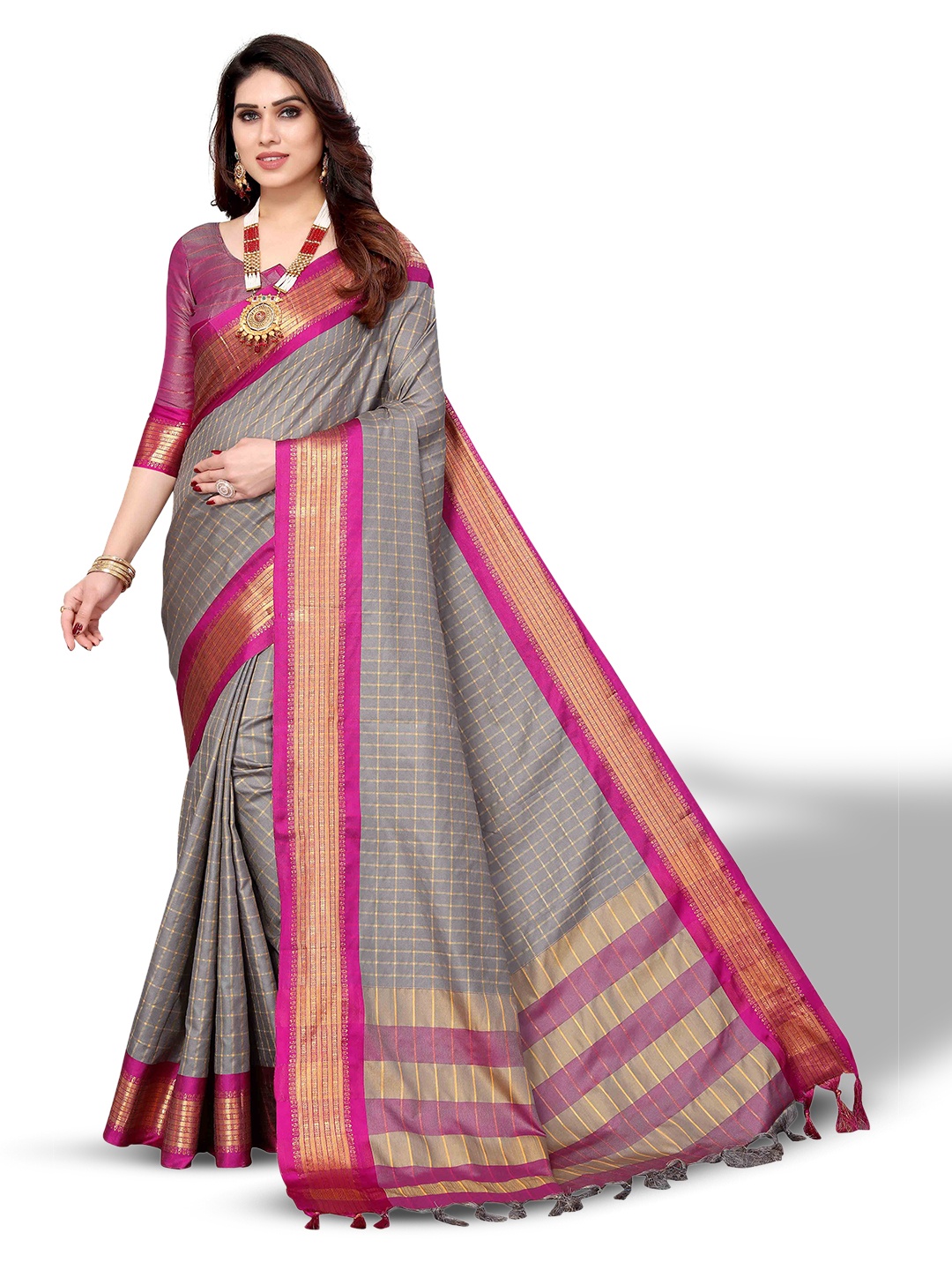 

MAGMINA Checked Woven Design Zari Silk Cotton Ilkal Saree, Grey