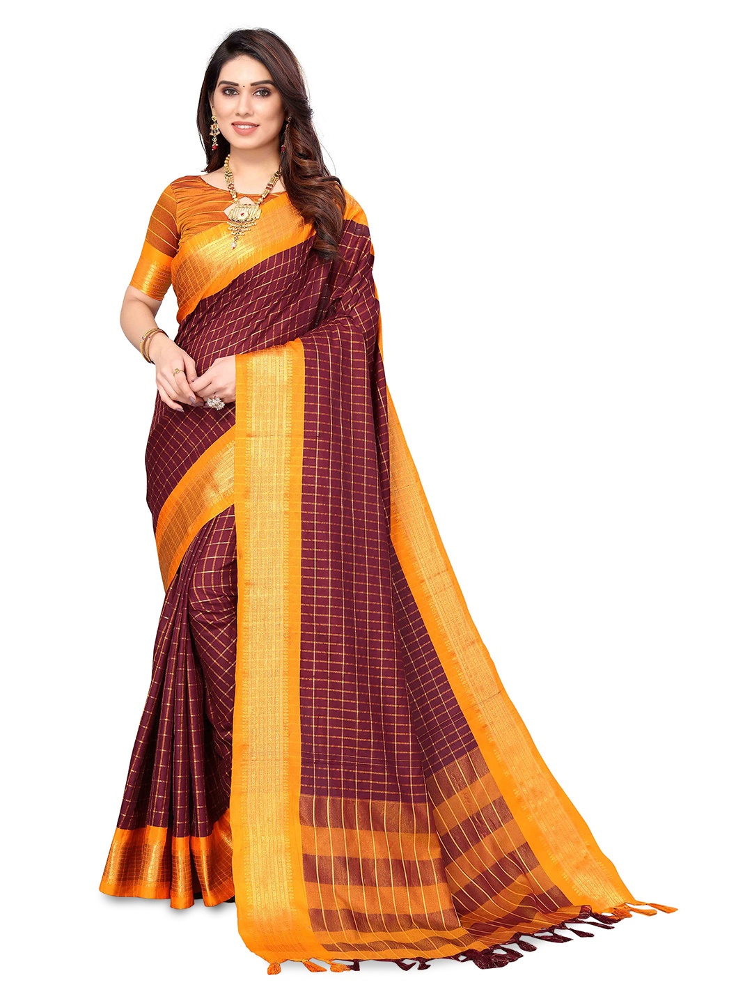 

MAGMINA Checked Zari Silk Cotton Ready to Wear Ilkal Saree, Maroon