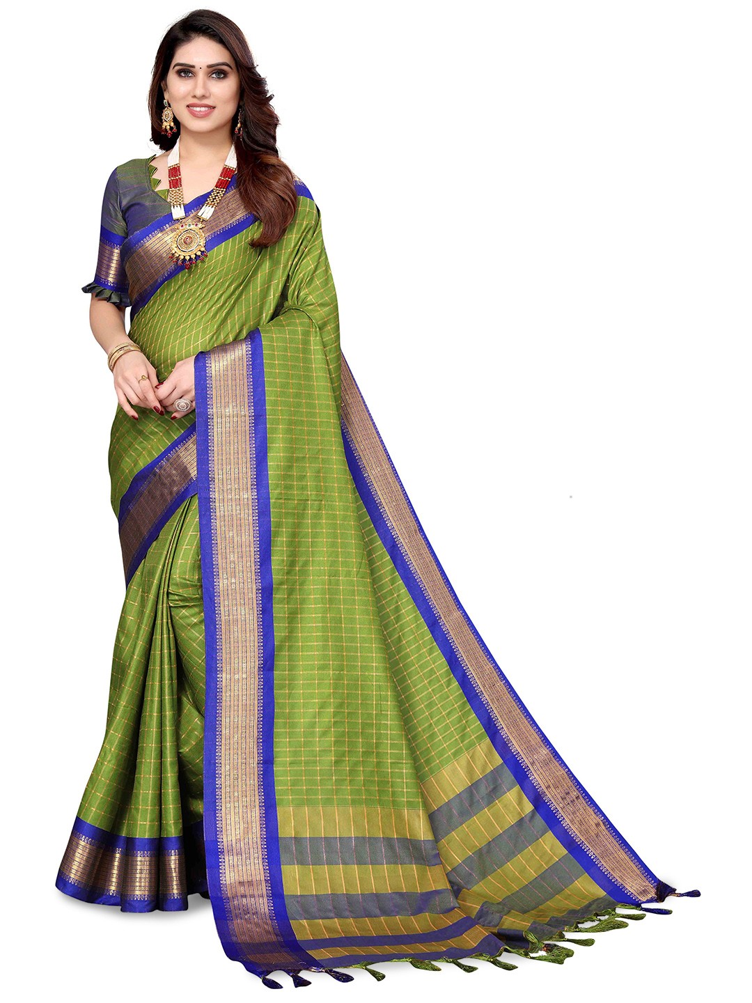 

MAGMINA Checked Zardozi Silk Cotton Ilkal Saree, Green