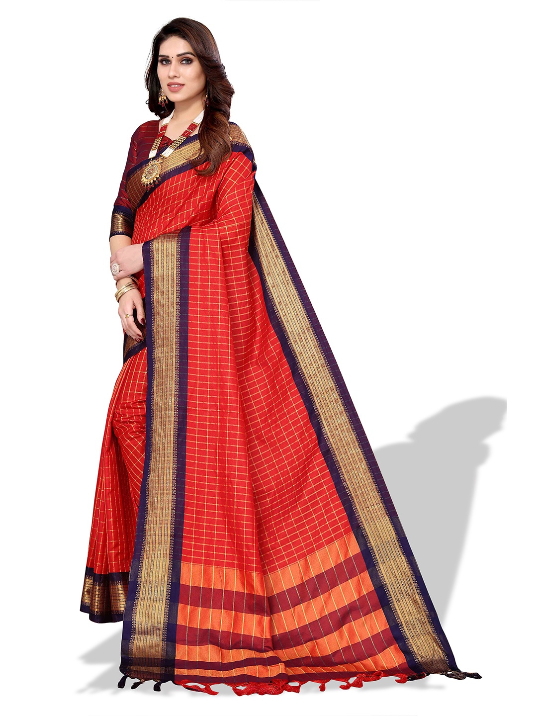 

MAGMINA Checked Woven Design Zari Silk Cotton Ilkal Saree, Red