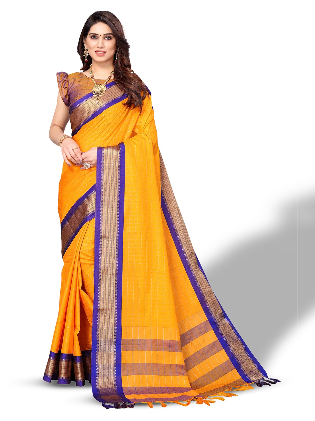 

MAGMINA Checked Zari Silk Cotton Ilkal Saree, Yellow