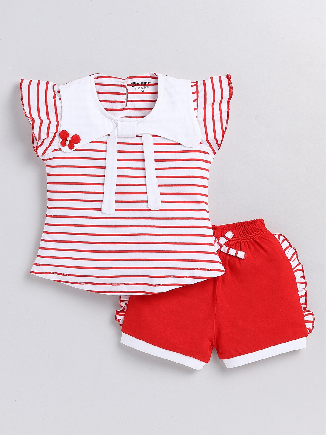 

MooNKids Infant Girls Striped Pure Cotton Top with Shorts, Red