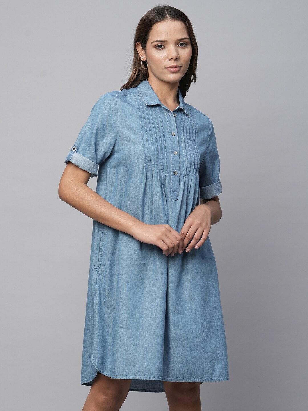 

Chemistry Denim Shirt Collar Roll Up Sleeves Shirt Dress, Blue