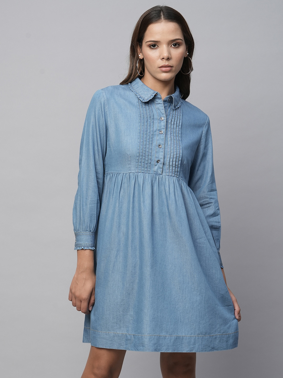 

Chemistry Cotton Solid Pleated Denim T-shirt Dress, Blue