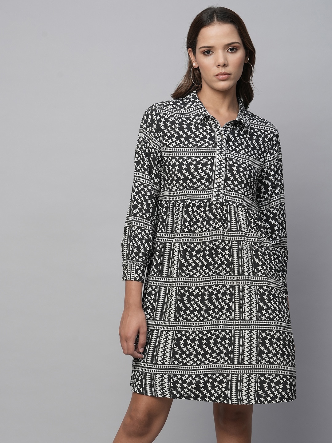 

Chemistry Aztec Printed Monochrome A Line Dress, Black