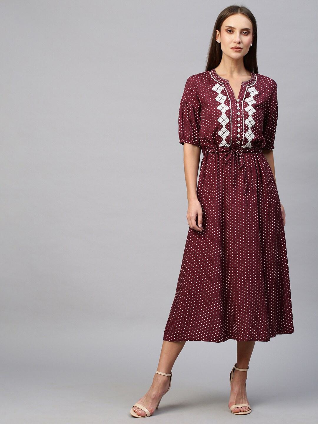 

Chemistry Polka Dot Printed Embroidered Casual A-Line Midi Dress, Burgundy