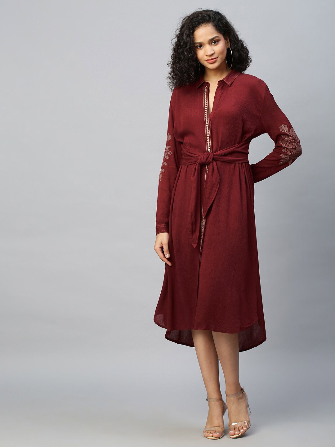 

Chemistry Shirt Embroidered Placket Midi Dress, Burgundy