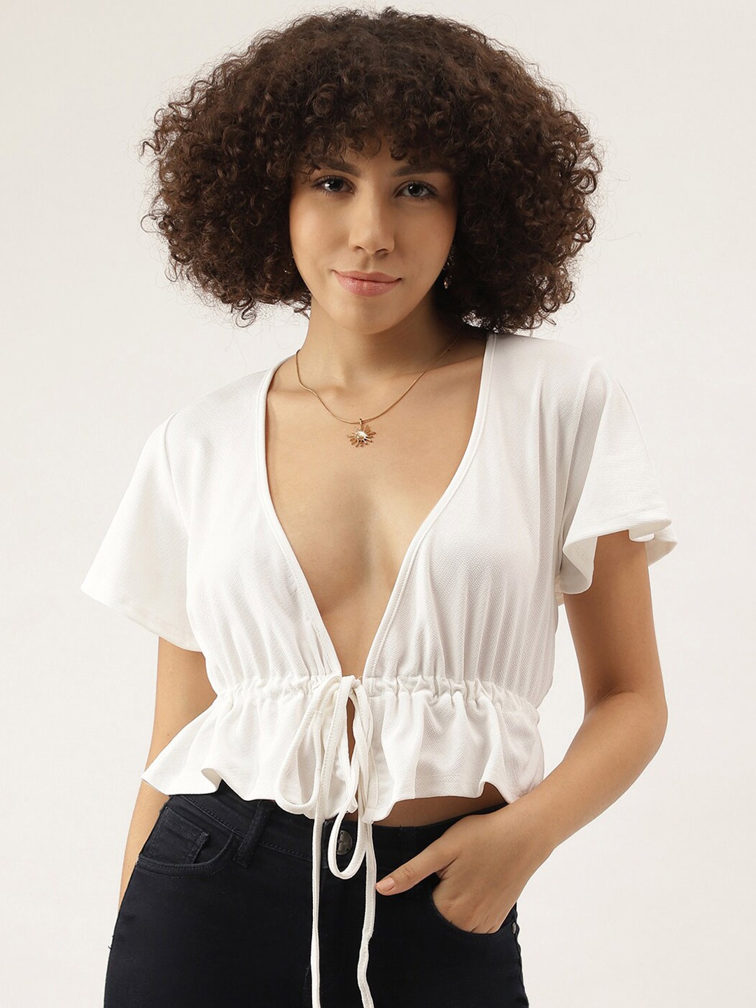 

AAHWAN V-Neck Cinched Waist Crop Top, White