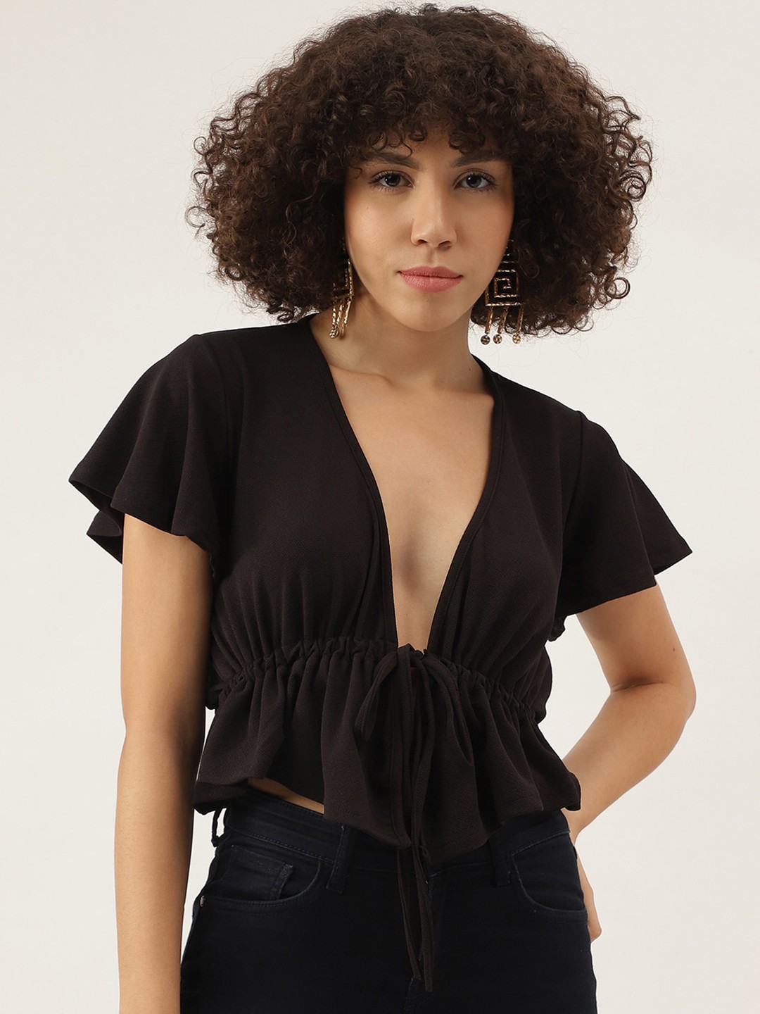 

AAHWAN Flutter Sleeve Cinched Waist Crop Top, Black
