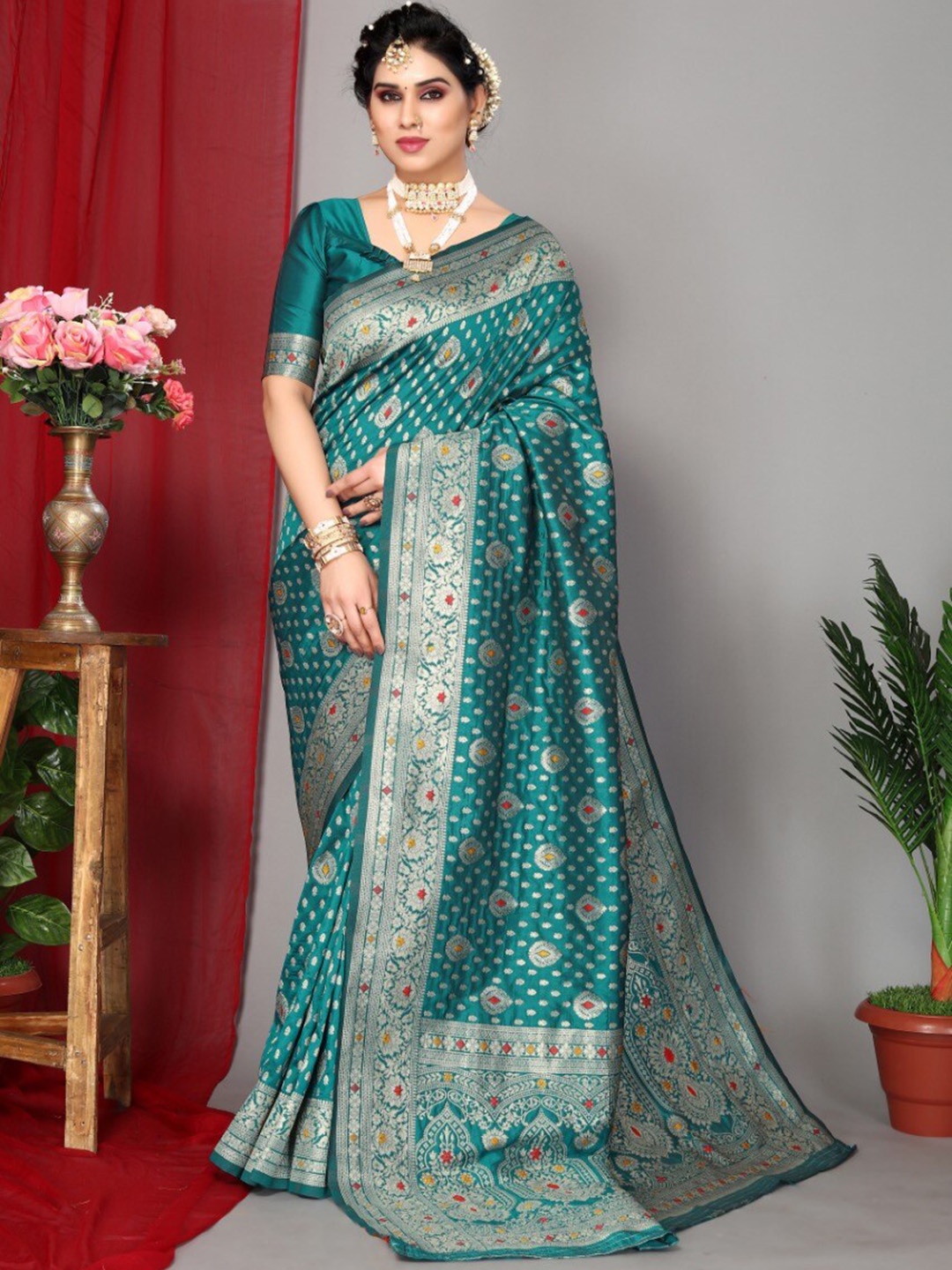 

VEERAX Woven Design Zari Pure Silk Banarasi Saree, Turquoise blue