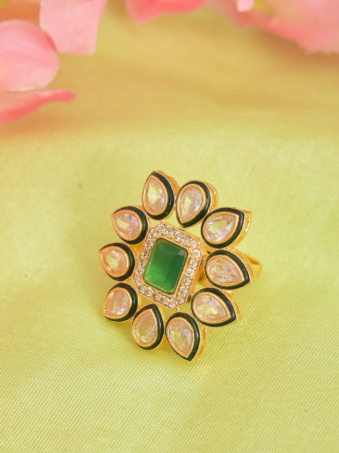 

ROHINIKA Gold-Plated Crystal Kundan American Diamond Studded Adjustable Finger Ring