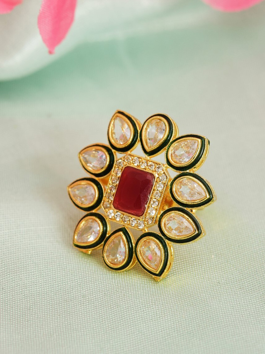 

ROHINIKA Gold-Plated Crystal Kundan AD-Studded Adjustable Finger Ring