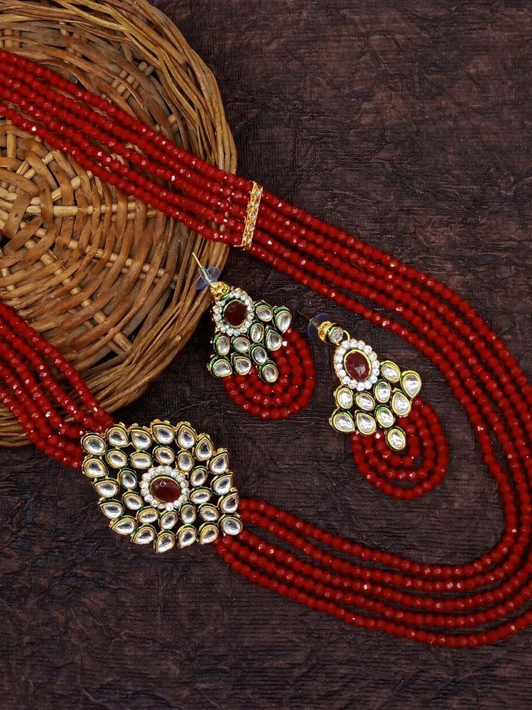 

AASHISH IMITATION Gold-Plated Maroon Kundan Studded Layered Necklace & Earring