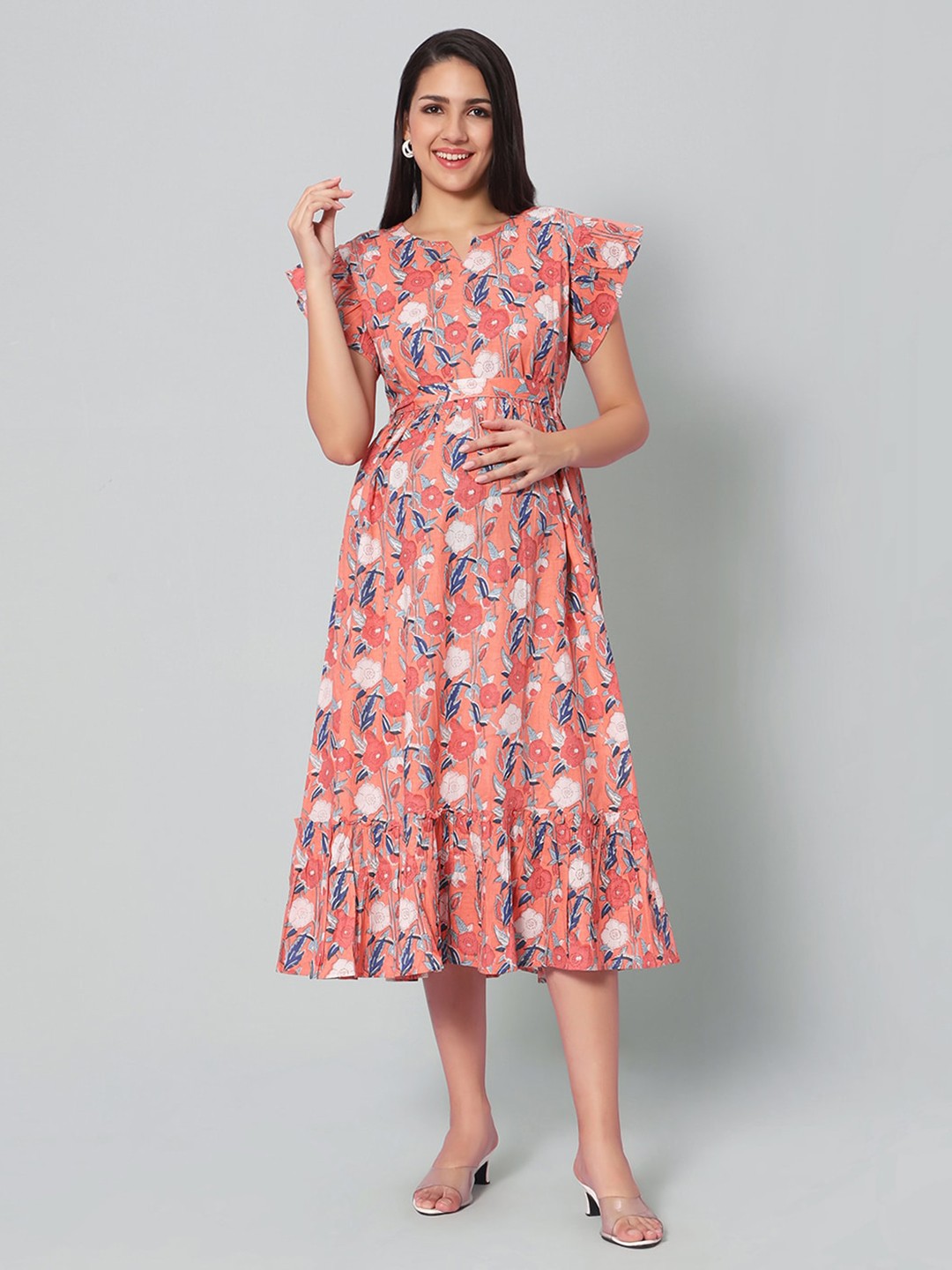 

Aanyor Floral Print Maternity Pure Cotton Fit & Flare Midi Dress, Orange