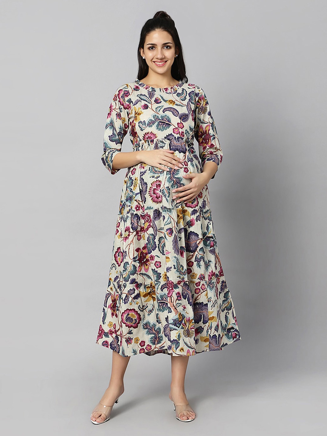

Aanyor Maternity Floral Printed Tiered Gathers Detailed Cotton Fit & Flare Dress, Beige