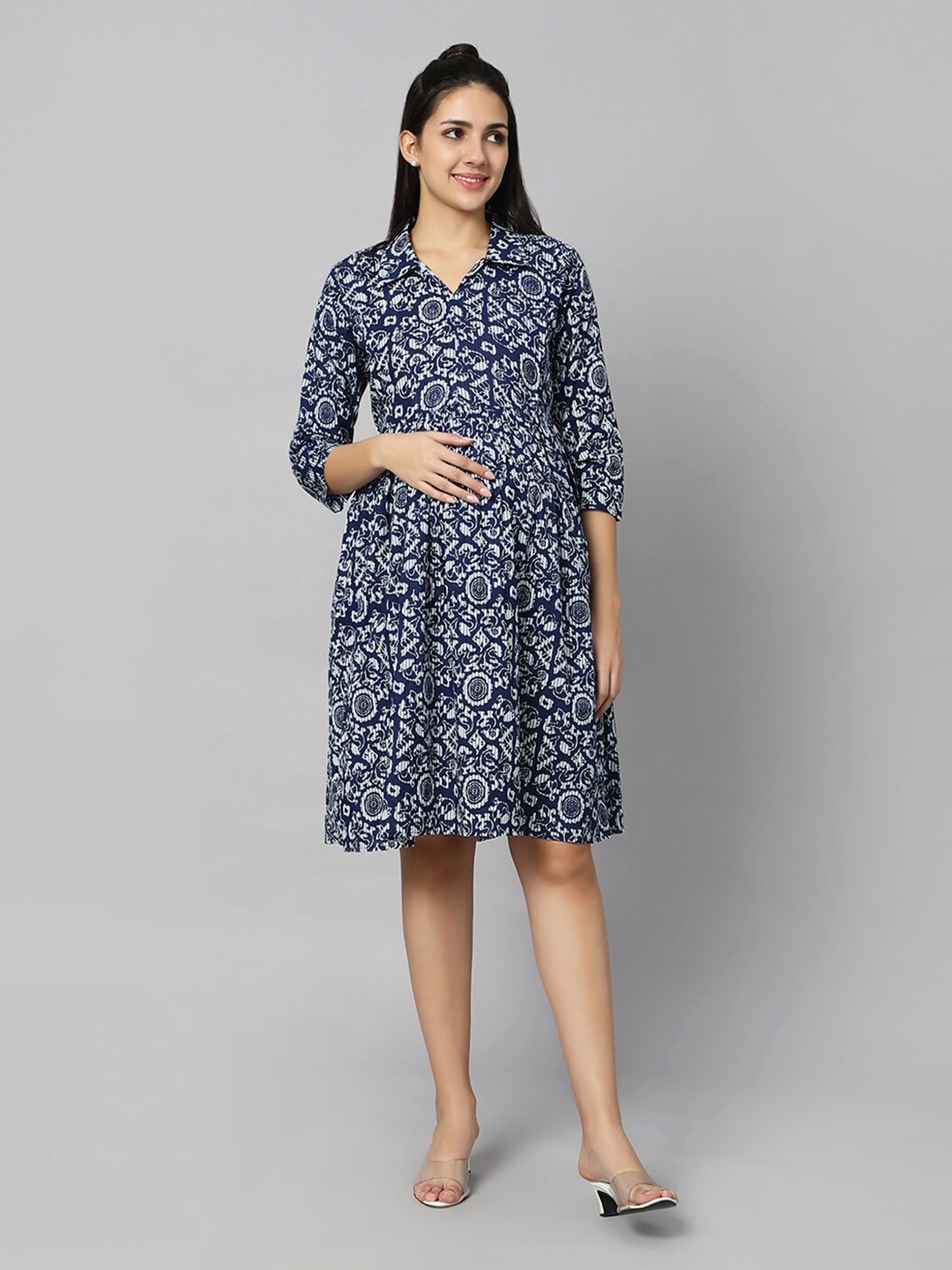 

Aanyor Abstract Printed Shirt Collar Maternity Cotton Fit & Flare Dress, Navy blue