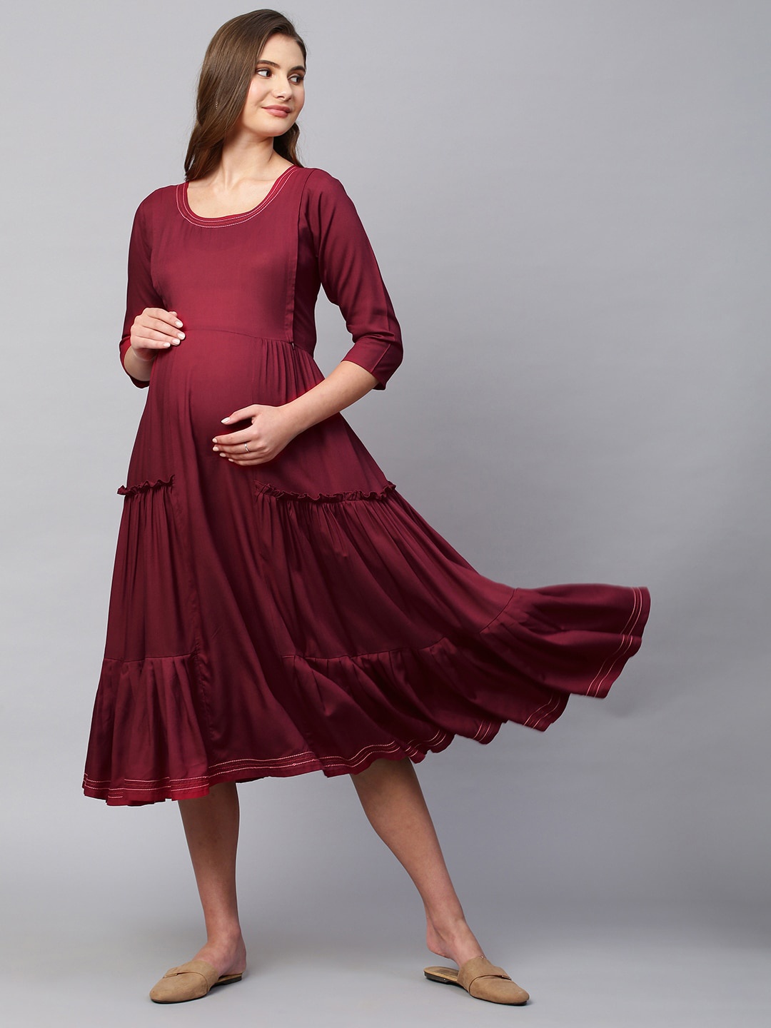 

Aanyor Tiered Gathers Details Maternity Fit & Flare Dress, Maroon