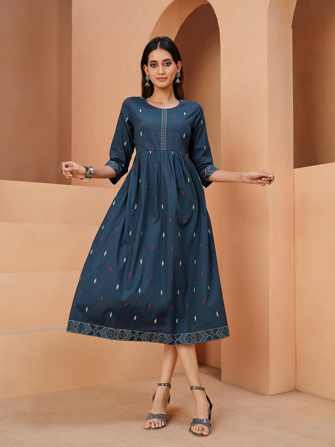 

Sangria Geometric Printed Cotton A-line Ethnic Dress, Navy blue