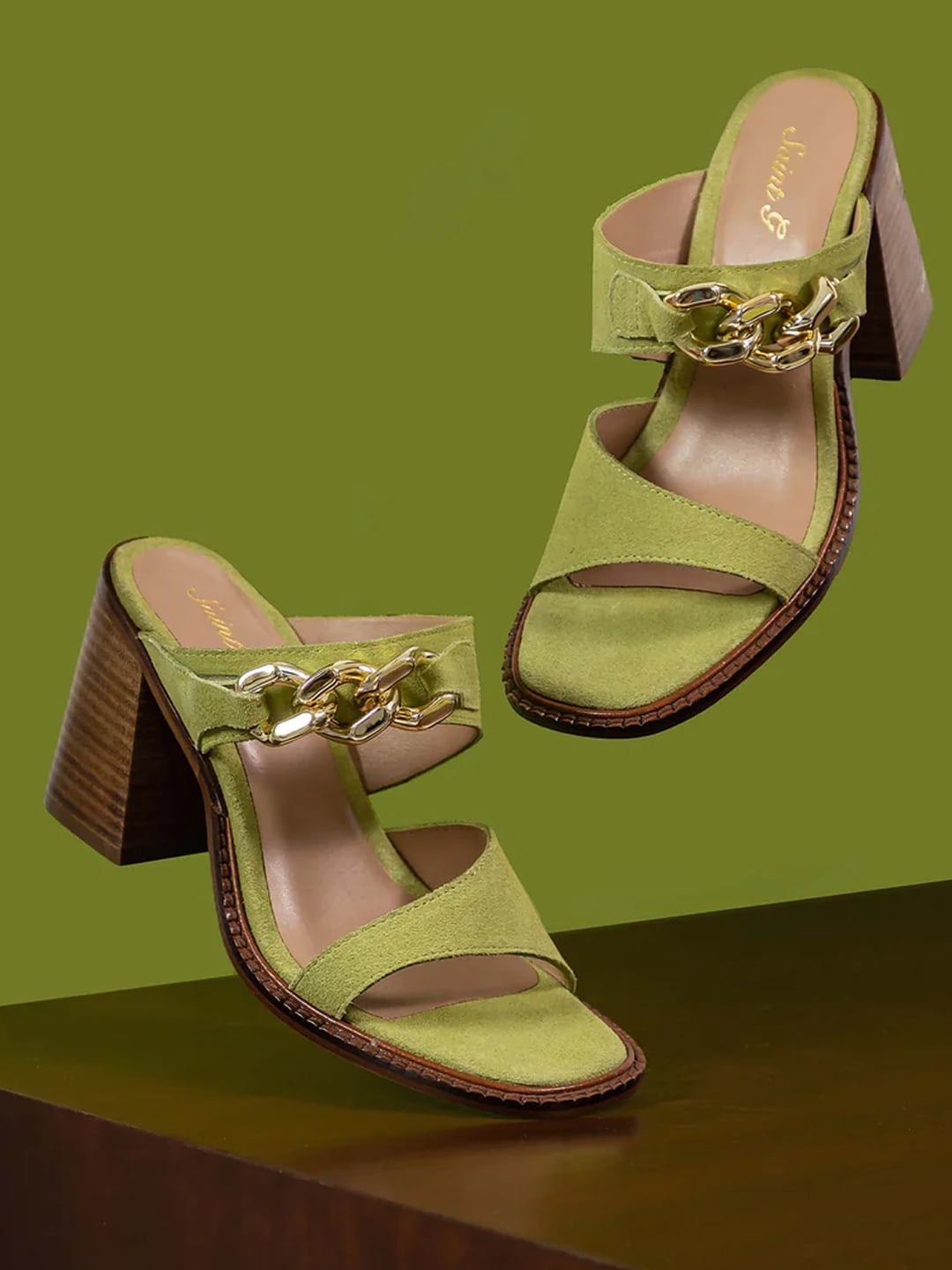 

Saint G Buckle Embellished Leather Block Heels, Green
