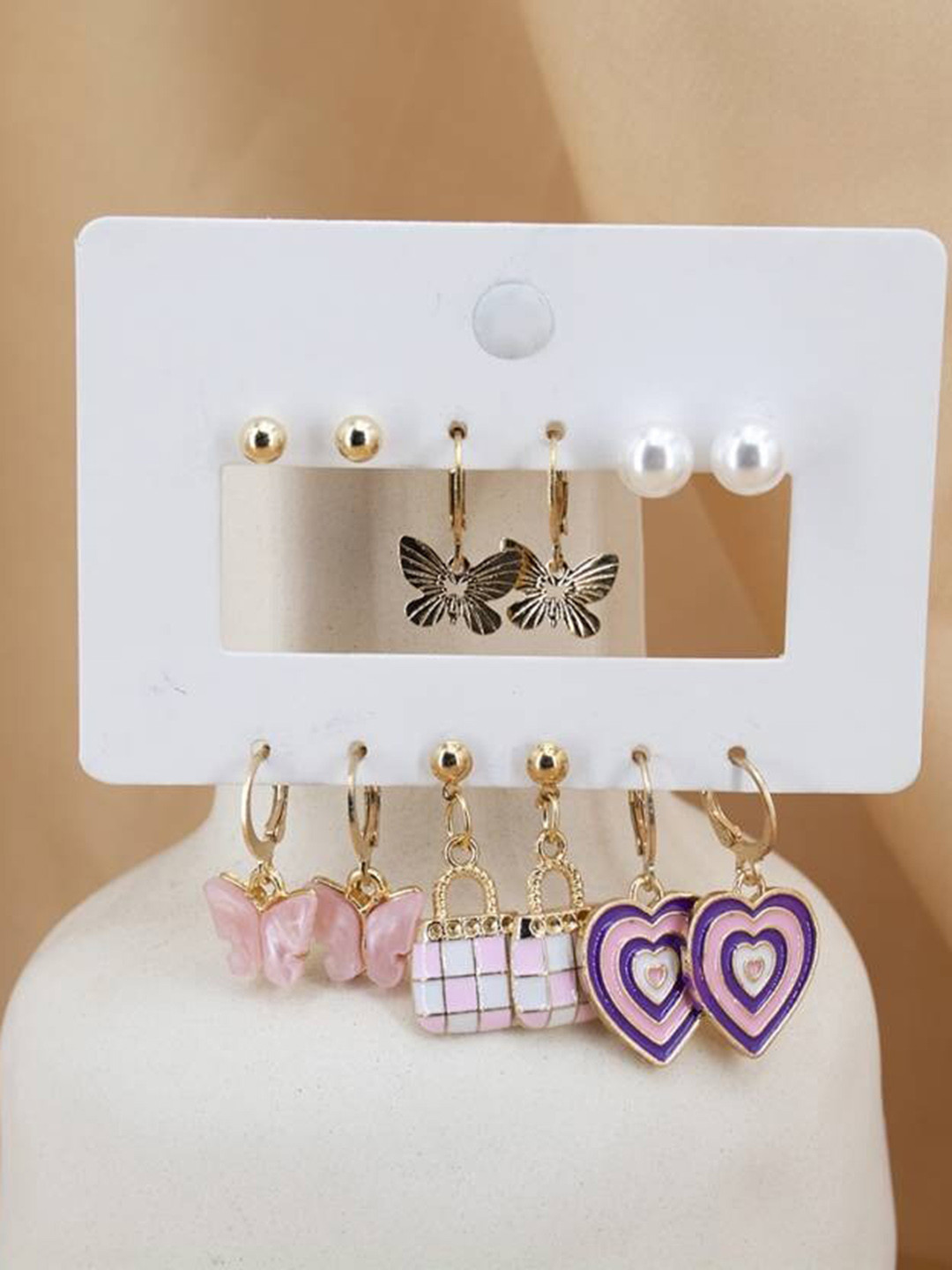 

VIEN Set Of 6 Gold-Plated Contemporary Studs Earrings