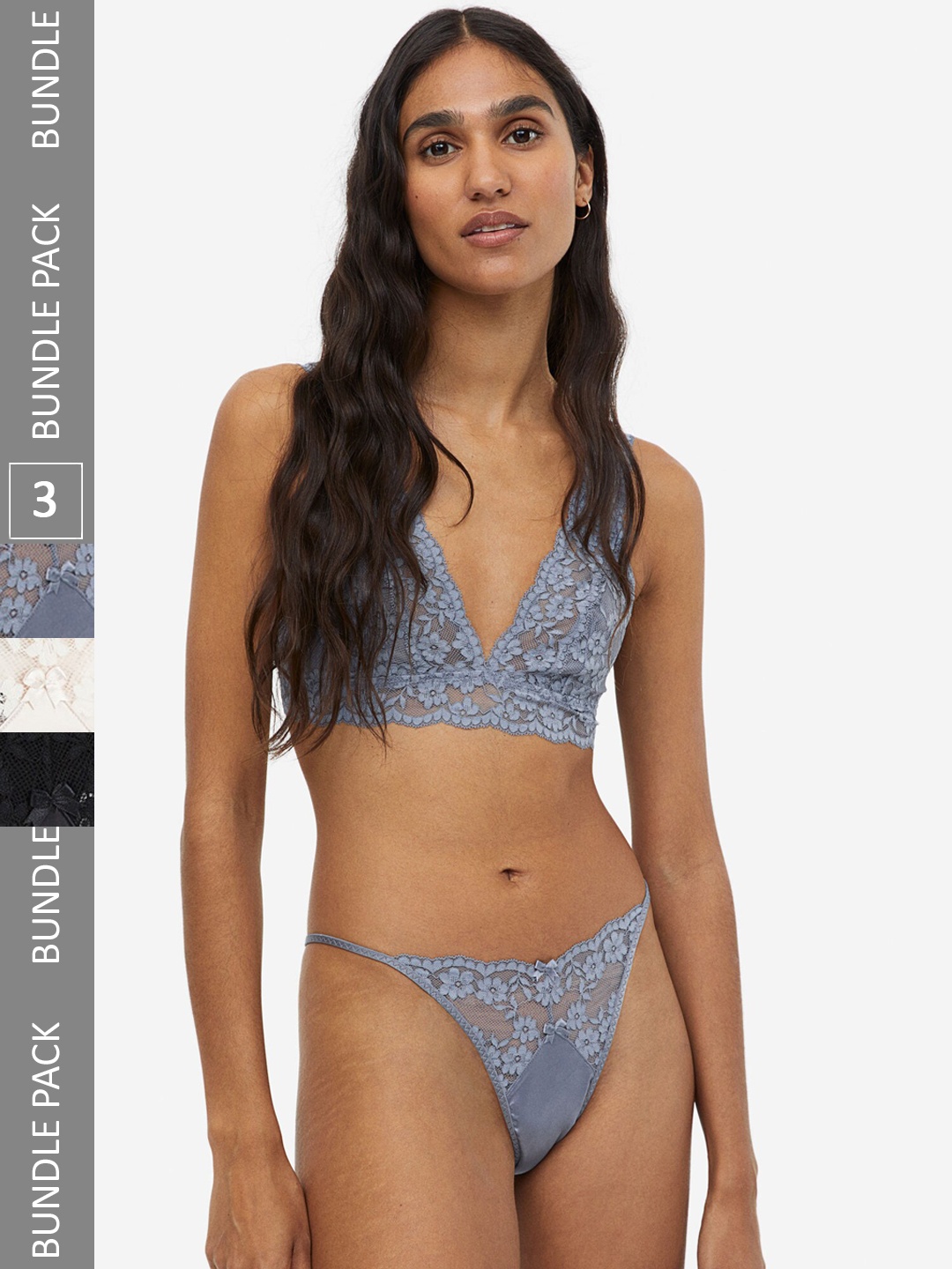 

H&M 3-Pack Lace and Satin Thong Briefs, Black