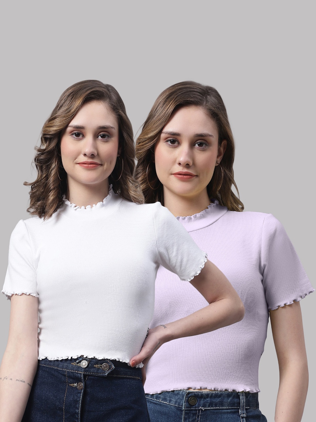 

FBAR Pack of 2 High Neck Cotton Fitted Crop Tops, White