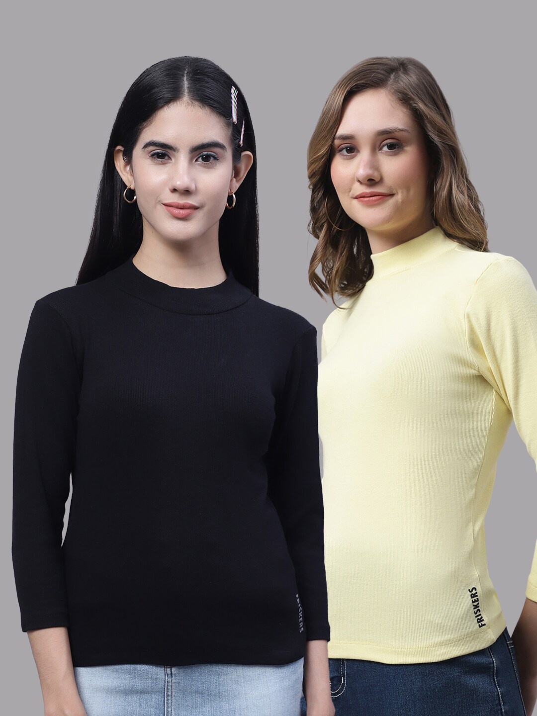 

FBAR Pack Of 2 High Neck Ribbed Fitted Skin Friendly Pure Cotton Tops, Navy blue