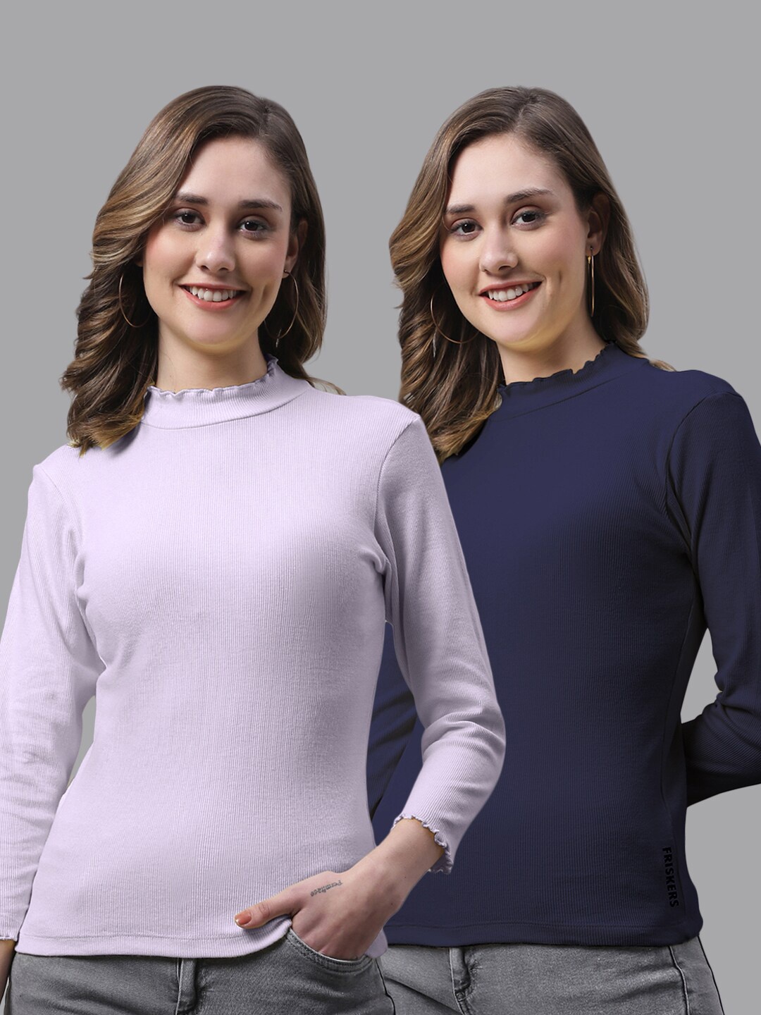 

FBAR Pack Of 2 High Neck Ribbed Bio-Wash Cotton Tops, Purple