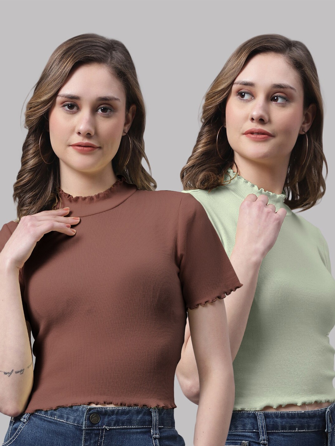 

FBAR Pack of 2 Cotton Fitted Crop Tops, Brown