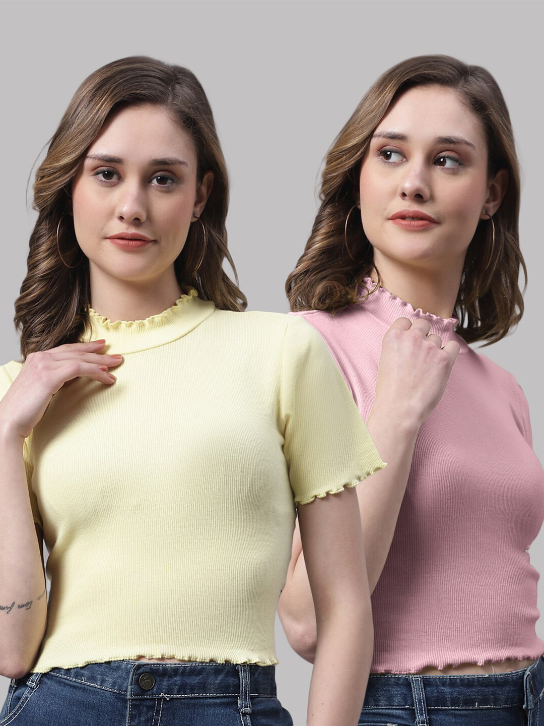 

FBAR Pack Of 2 Ribbed Fitted Cotton Crop Top, Yellow