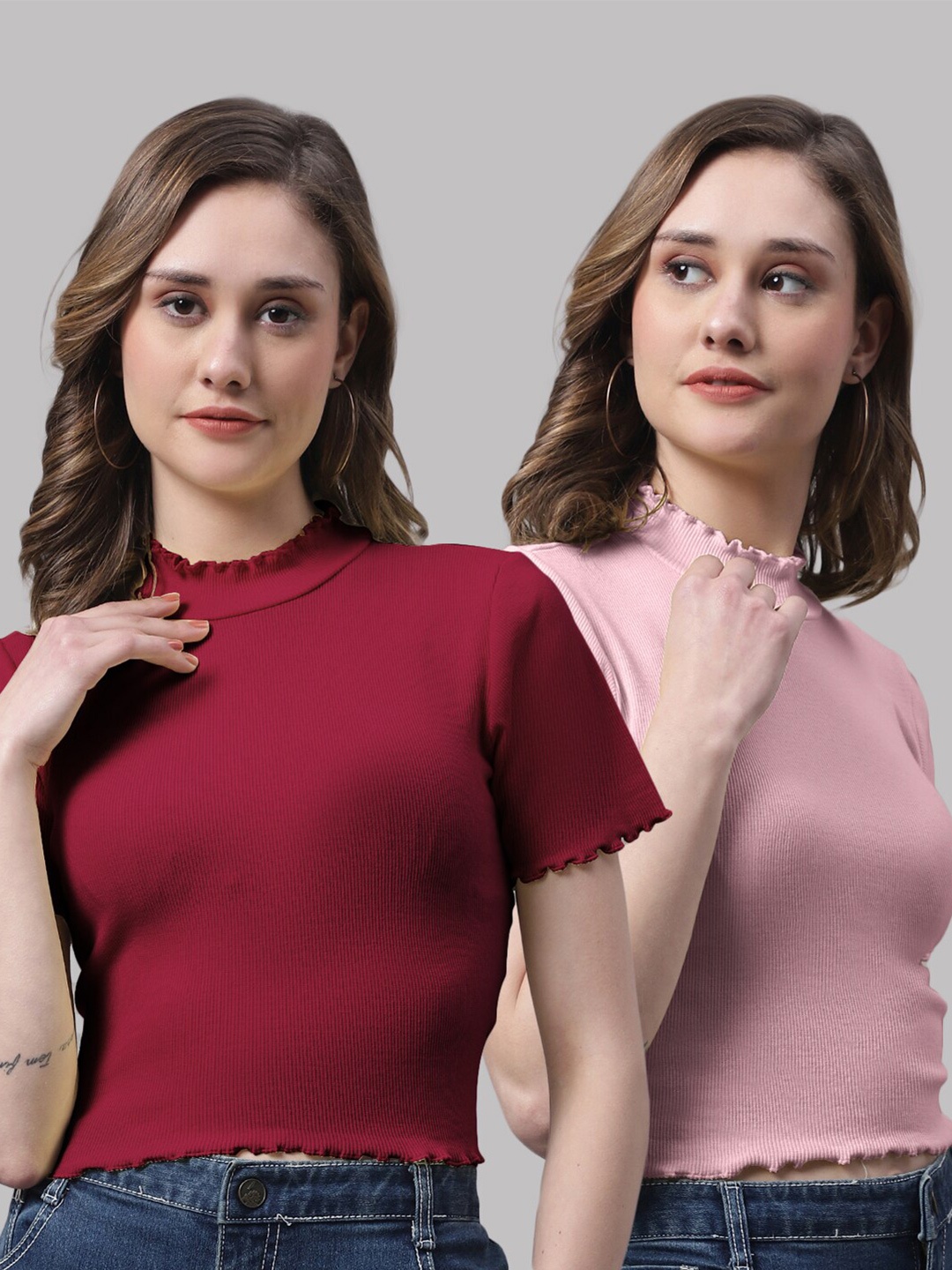 

FBAR Pack Of 2 High Neck Knitted Cotton Crop Fitted Tops, Maroon