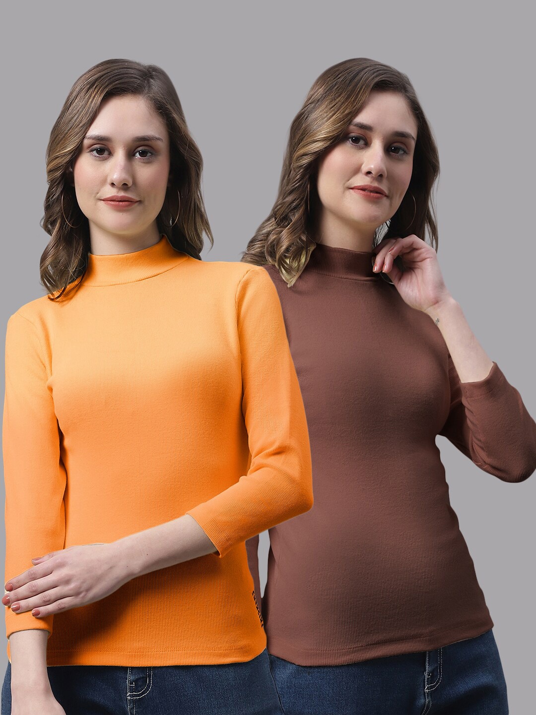 

FBAR Pack Of 2 High Neck Bio-Wash Pure Cotton Top, Orange