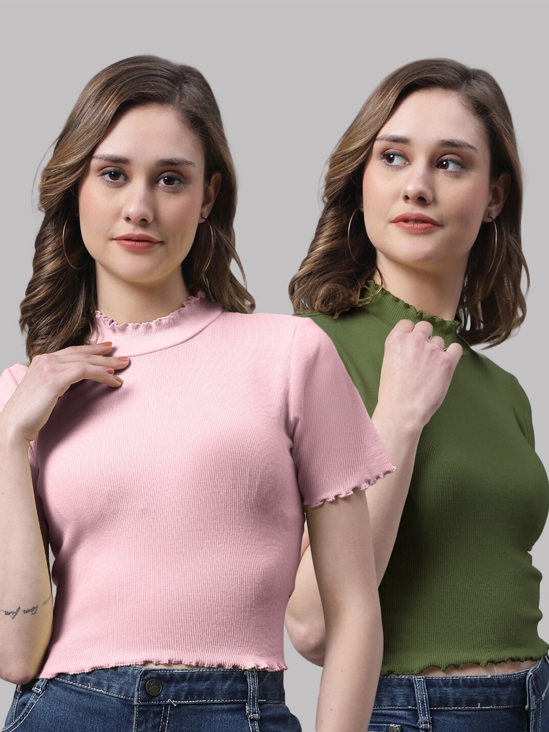

FBAR Pack Of 2 High Neck Cotton Fitted Crop Top, Pink