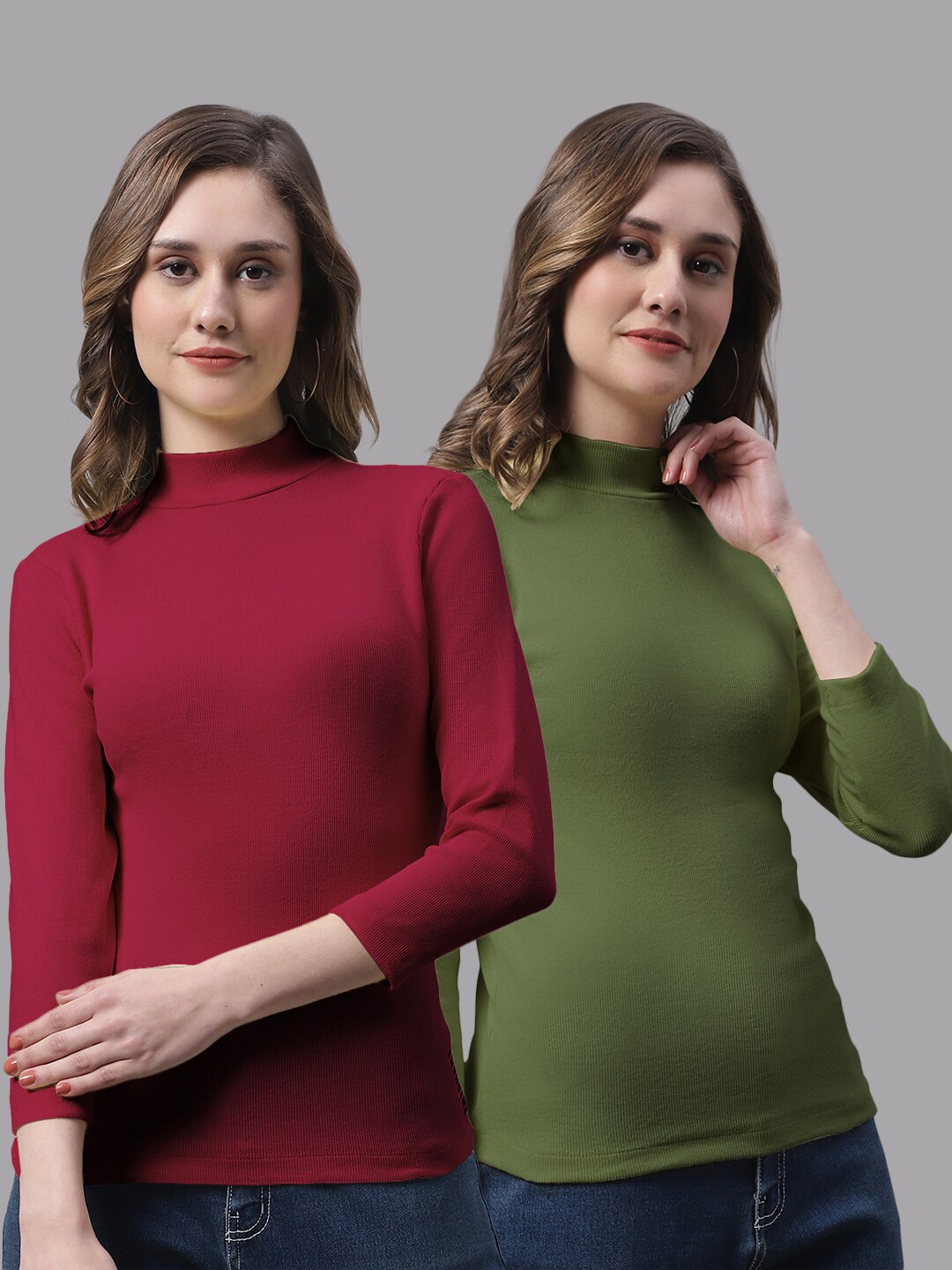 

FBAR Pack of 2 High Neck Cotton Fitted Tops, Maroon