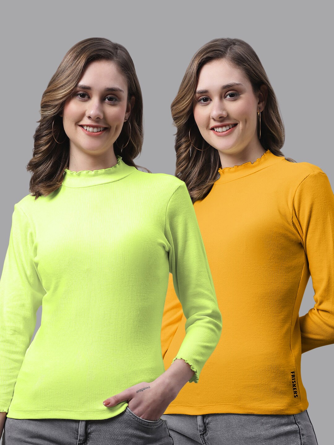 

FBAR Pack Of 2 High Neck Ribbed Bio-Wash Cotton Tops, Lime green