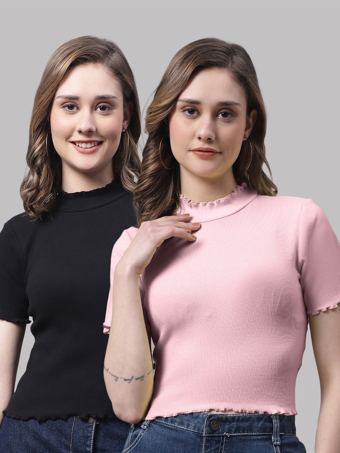 

FBAR Pack Of 2 High Neck Knitted Cotton Crop Fitted Tops, Black