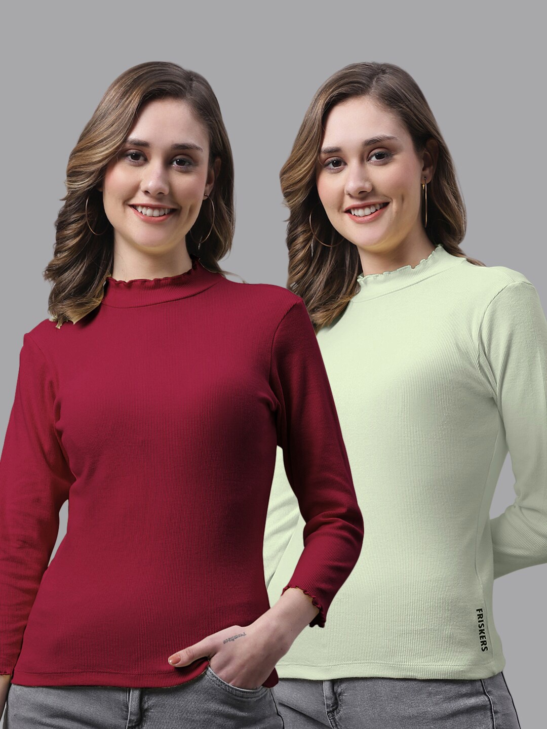 

FBAR Pack Of 2 Ribbed High Neck Bio-Wash Cotton Top, Maroon