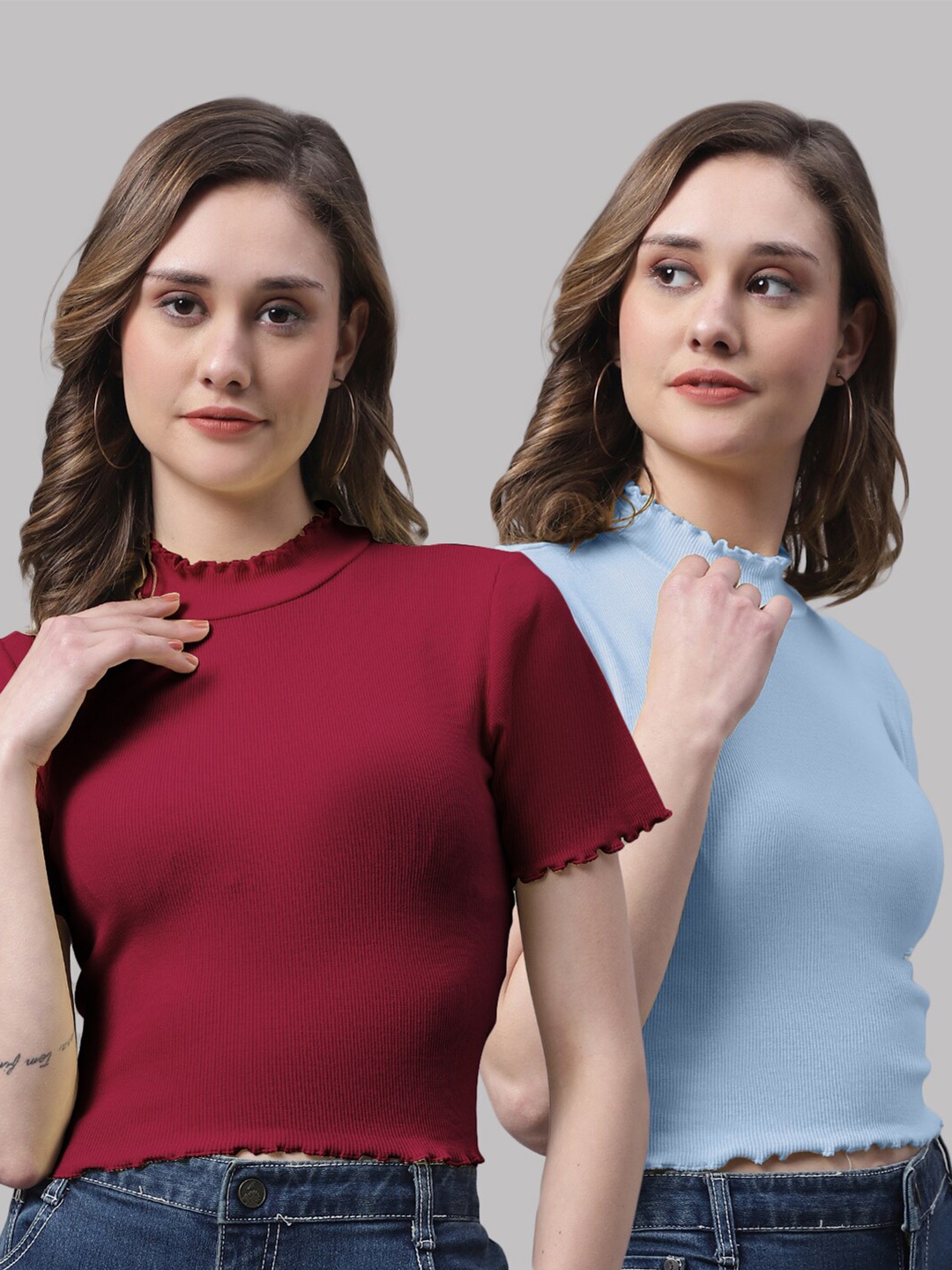 

FBAR Pack Of 2 High Neck Cotton Fitted Top, Maroon