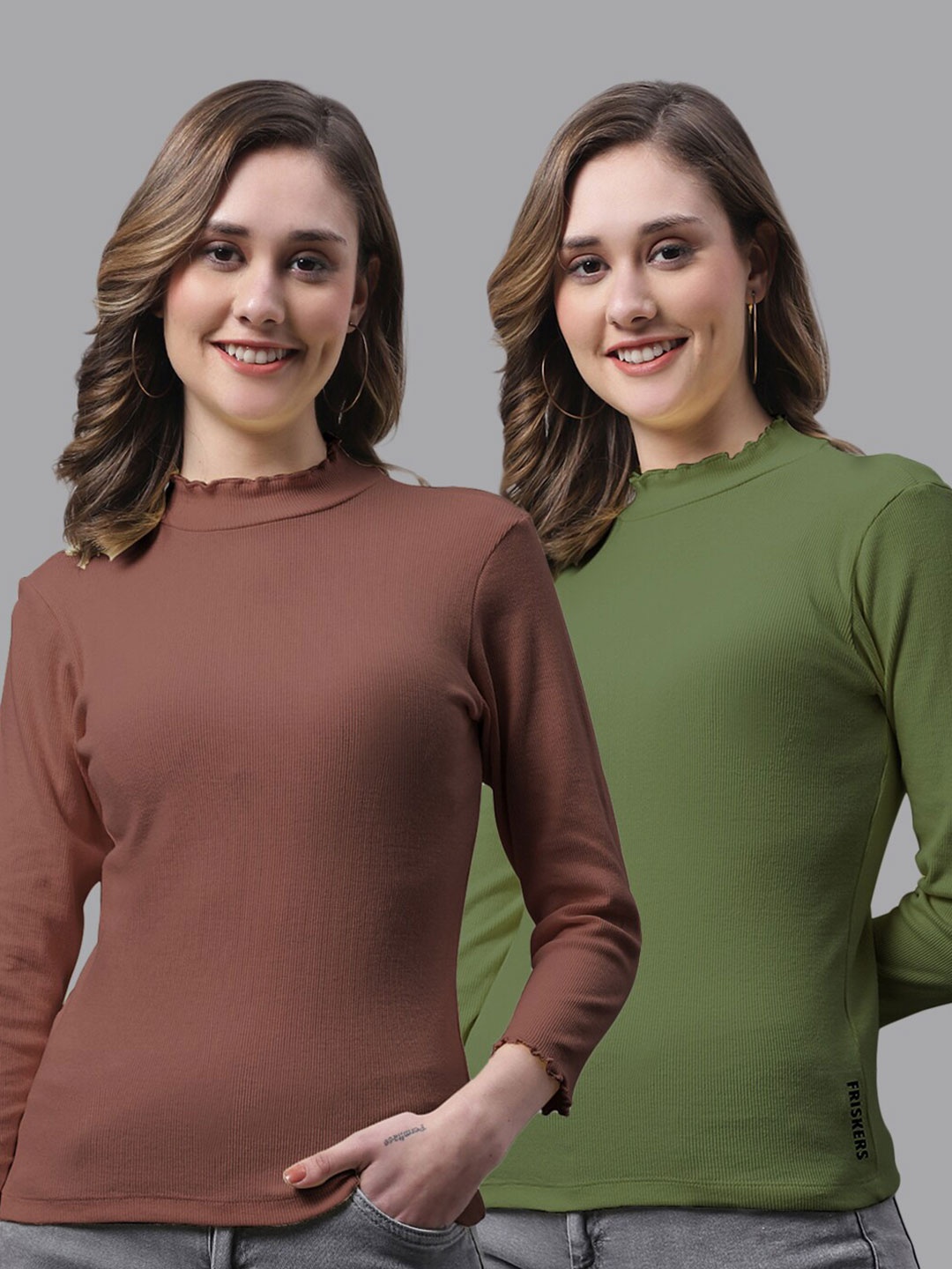 

FBAR Pack Of 2 High Neck Bio-Wash Cotton Tops, Brown
