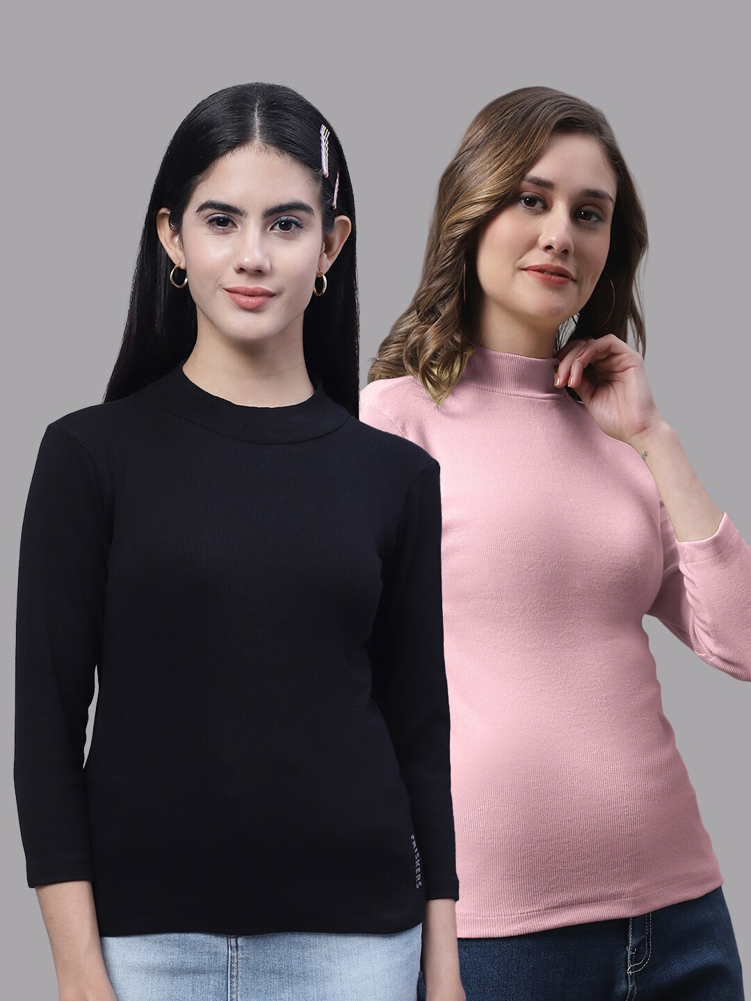 

FBAR Pack Of 2 High Neck Bio-Wash Pure Cotton Top, Black