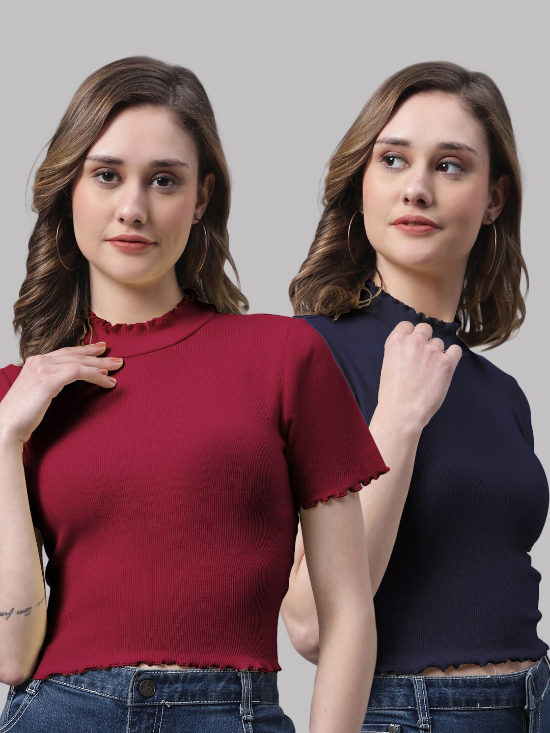 

FBAR Pack Of 2 High Neck Cotton Fitted Top, Maroon